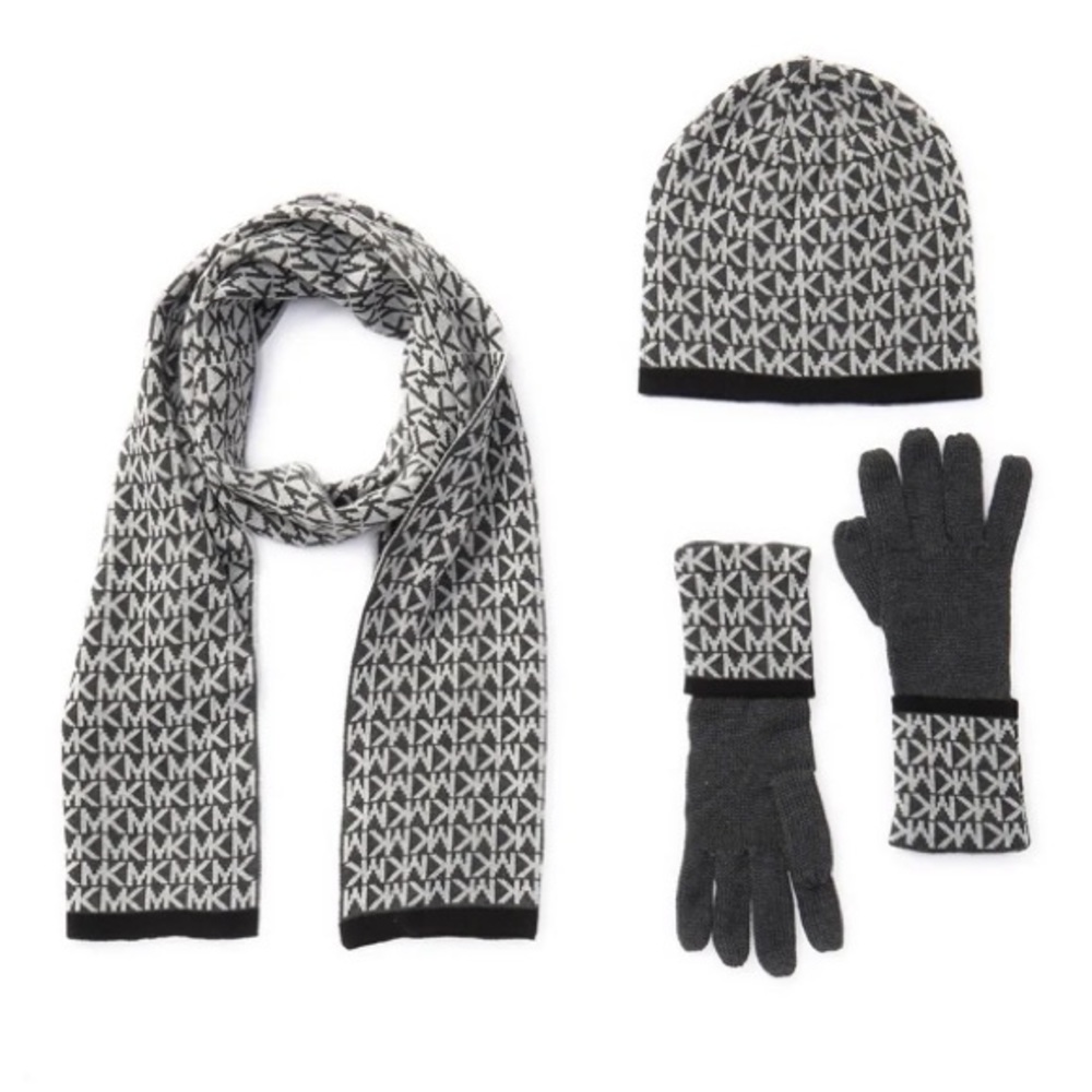 Michael Kors grey logo set of 3: beanie, gloves and scarf